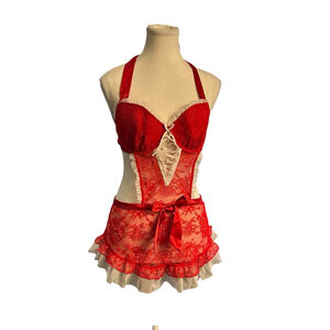Victoria’s Secret Red Lace Apron Corset Babydoll Lingerie